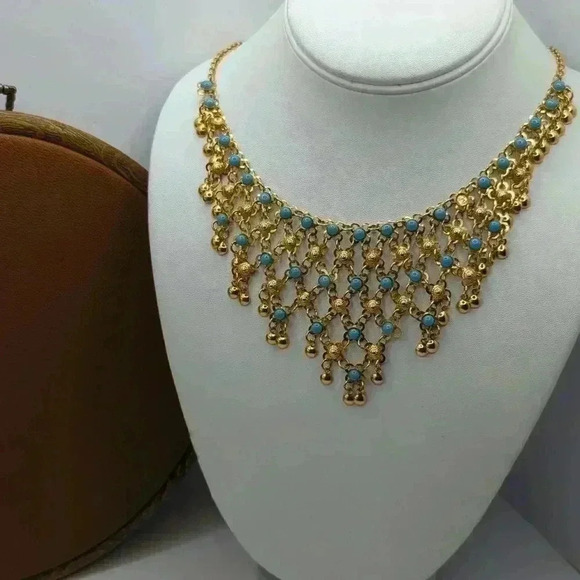 Lot of 2 Statement Necklaces: Gold-Tone Bib Dangle & Bronze Red Beaded Chain - Picture 6 of 10